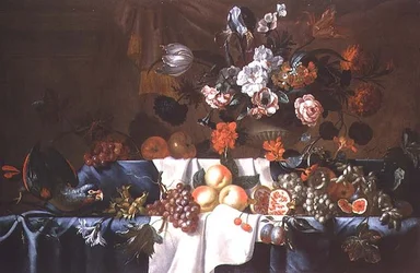 Nature morte de fruits avec un perroquet