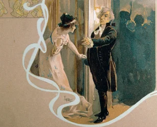 Carte postale illustrée par Leopoldo Metlicovitz (1868-1944) représentant une scène de Tosca, opéra de Giacomo Puccini (1858-1924)