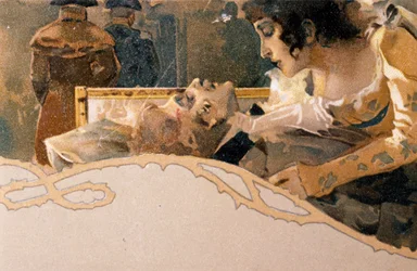Carte postale illustrée par Leopoldo Metlicovitz (1868-1944) représentant des scènes de Tosca, opéra de Giacomo Puccini (1858-1924)