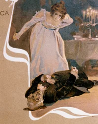 Carte postale illustrée par Leopoldo Metlicovitz (1868-1944) représentant des scènes de Tosca, opéra de Giacomo Puccini (1858-1924)