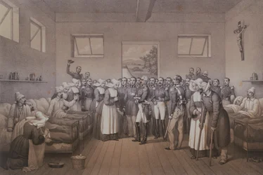 Aimable Jean Jacques Pélissier (1794-1864) duc de Malakoff visitant les soldats blessés après la prise de Sébastopol en 1855