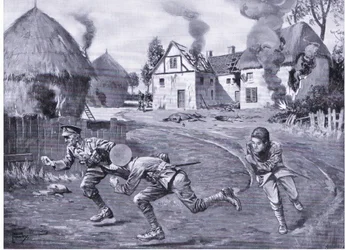 Le sergent Cooper et deux camarades se précipitent sous le feu ennemi après avoir incendié une ferme et plusieurs meules (DCM) (lithographie)