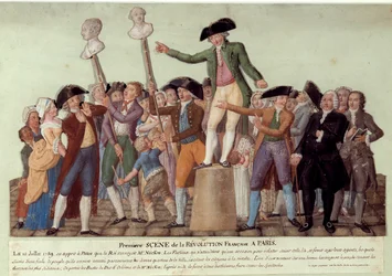 Première scène de la Révolution française à Paris : le 12/07/1789, après le renvoi de Jacques Necker par le roi, Camille Desmoulins harangue la foule au Palais-Royal et appelle à la révolte contre le gouvernement. Les bustes de Jacques Necker et Louis Phil