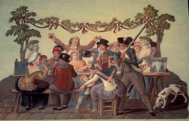 Révolution française de 1789 : Le Repas républicain. Gouache des frères Lesueur (XVIIIe siècle)