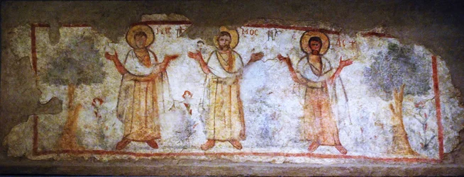 Peinture murale montrant des saints en adoration, Césarée, Israël, 6-7ème siècle (peinture sur plâtre sec)