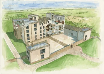 Reconstruction de Hardwick Old Hall en 1620 (aquarelle sur papier)