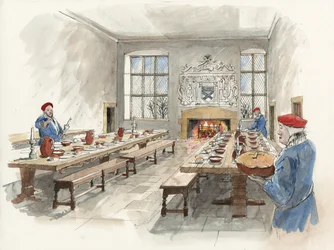 Reconstruction de la grande salle de Hardwick Old Hall en 1601 (aquarelle sur papier)