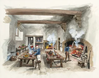 Reconstruction de la cuisine de Hardwick Old Hall en 1601 (aquarelle sur papier)