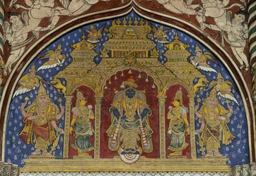 Fresque représentant Vishnu, palais Maratha de Thanjavur, Tamil Nadu, Inde