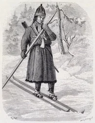 Lars Tuorda, athlète lapon gagnant une compétition de ski de fond organisée en 1884 par Adolf Erick Nordenskjold (dessin à l