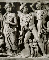 Sarcophage en marbre, Relief représentant le mythe de Prométhée, Détail, Hermès et l