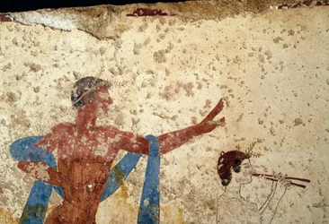 Procession avec athlète, détail, fresque de la Tombe du Plongeur, Paestum, Campanie, Italie, civilisation grecque antique, Grande Grèce, 3ème siècle av. J.-C. (photo)