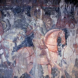 Saint à cheval, fresque dans une église à Palaia Roumata, Crète, Grèce