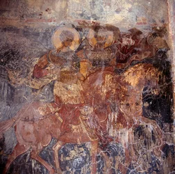 Saints à cheval, fresque dans une église, Komitates, Crète, Grèce