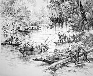 Conquistadors espagnols attaqués par des indigènes en Amérique du Sud