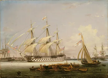Un Trois-Ponts entrant dans le port de Portsmouth, 1836
