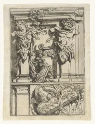 Deux cariatides, une flûte de Pan, un arc et une flèche et un bouclier