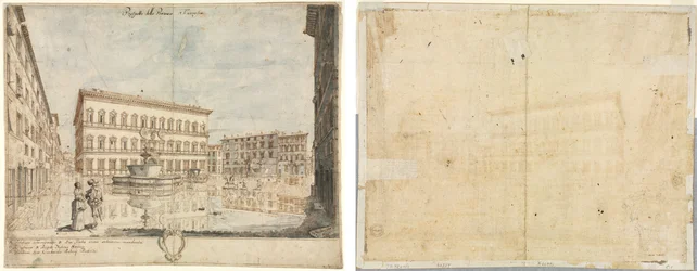 Dix-huit vues de Rome : La Piazza Farnese (recto); Cartouche (verso)