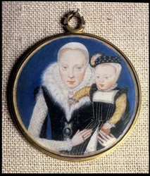Miniature de Lady Katherine Seymour, née Grey, comtesse de Hertford, tenant son fils et portant la miniature de son mari, vers 1562