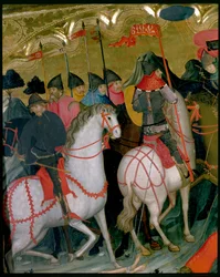 Soldats montés, détail du retable de la Vierge et de Saint Georges, c.1390-1400