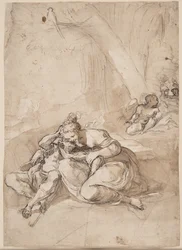 Armida envoûtant Rinaldo dans le jardin enchanté? (Scène de Gerusalemme Liberata de Torquato Tasso)