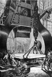 Dessin de Léon Benett, du livre de Jules Verne "Les 500 millions de la Bégum" - édition Hetzel/Voyages Extraordinaires 1879. batteur au marteau au travail dans une aciérie.