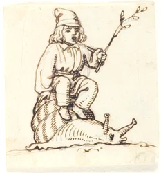 Garçon assis sur un escargot