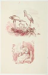 F.o.: Cigognes. F.n.: Femme assise avec une grenouille sur les genoux