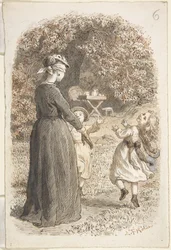 Une mère et deux enfants jouant à colin-maillard