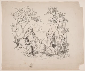 Une figure féminine assise et une figure masculine debout