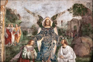 Vie de Sainte Cécile : Valérien et Cécile couronnés par un ange (détail)