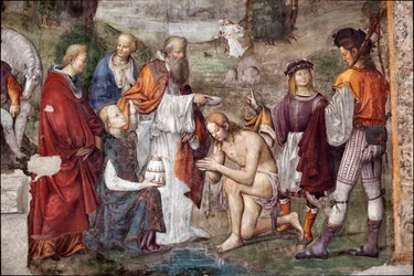 Vie de Sainte Cécile : Valérien baptisé par le Pape Urbain I (détail)