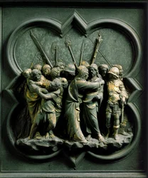 Porte nord (appelée Porte de la Croix au nord), détail extérieur : « Le Baiser de Judas ». Sculpture en bronze réalisée par Lorenzo Ghiberti (1378-1455)