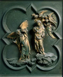 Porte Nord (appelée Porte de la Croix, au Nord), détail extérieur : « la tentation du Christ » sculpture en bronze réalisée par Lorenzo Ghiberti