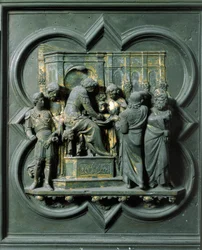 Porte Nord (appelée Porte de la Croix, au Nord), détail extérieur : « Le Christ face à Ponce Pilate » Sculpture en bronze réalisée par Lorenzo Ghiberti (1378-1455)