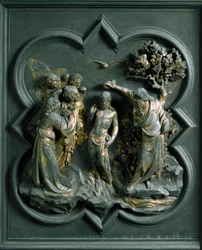 Porte Nord (appelée Porte de la Croix, au Nord), détail extérieur : « Le baptême du Christ » Sculpture en bronze réalisée par Lorenzo Ghiberti (1378-1455)