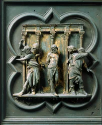 Porte Nord (appelée Porte de la Croix, au Nord), détail extérieur : « la flagellation » Sculpture en bronze réalisée par Lorenzo Ghiberti (1378-1455)