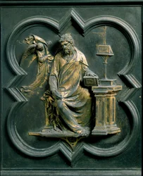Porte Nord (appelée Porte de la Croix, au Nord), détail extérieur : Saint Mathieu. Sculpture en bronze réalisée par Lorenzo Ghiberti (1378-1455)