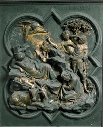 Détail extérieur : la Nativité, sculpture en bronze de Lorenzo Ghiberti