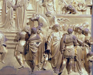 La Rencontre du roi Salomon et de la reine de Saba, détail des assistants, des panneaux originaux des portes Est du Baptistère (1425-52) (post restauration)