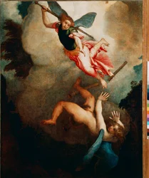Saint Michel chassant Lucifer. Peinture de Lorenzo Lotto (1480-1556), 1551-1555. Soleil. 167 x 135 cm, Loreto, Palazzo Apostolico