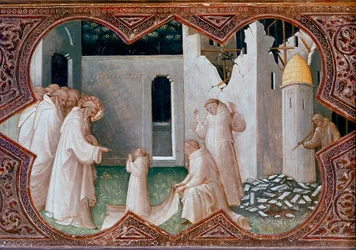 Retable du Couronnement de la Vierge : « Saint Benoît de Nursie ressuscitant un moine ». Détrempe sur bois (1370-1424), 1413. Florence, galerie des Offices