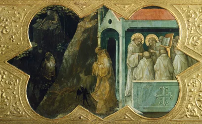 Saint Benoît tenté par le diable et Saint Bernardin en consistoire, détail de la prédelle du Couronnement de la Vierge