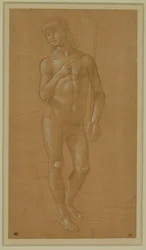Jeune homme nu, visage plein, tenant un bâton Plume en argent, rehaussée de blanc, papier rose pâle ...