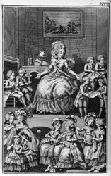 Illustration de Louis Binet (1744-1800) pour le livre de Nicolas Edme Restif de La Bretonne « Les Parisiennes », ou XL caractères généraux pris dans les mœurs actuelles, propres à servir à l