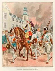 Bombled Louis (1862 - 1927) ; Le général Louis Joseph (Louis-Joseph) de Montcalm (1712-1759) blessé est ramené à Québec après la bataille des Plaines d