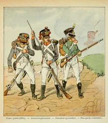 Illustration par Louis Bombled (1862-1927) du livre Le Mémorial de Sainte-Hélène par le comte Emmanuel de Las Cases (1766-1842) : La Jeune Garde de 1806 : grenadier conscrit ; tireur grenadier et chasseur flanqueur, Collection privée