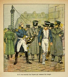 Illustration par Louis Bombled (1862-1927) du livre « Le Mémorial de Sainte-Hélène » du comte Emmanuel de Las Cases (1766-1842) : Un ancien officier de Napoléon, sous la restauration, appelle les anciens conscrits à rejeter le régime impérial