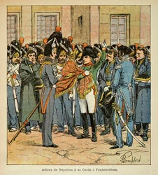 Illustration par Louis Bombled (1862-1927) tirée du livre « Le Mémorial de Sainte-Hélène » par le comte Emmanuel de Las Cases (1766-1842) : Les adieux de Napoléon à sa garde à Fontainebleau, Collection privée