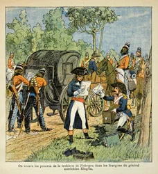 Illustration par Louis Bombled (1862-1927) tirée du livre « Le Mémorial de Sainte-Hélène » par le comte Emmanuel de Las Cases (1766-1842) : Pendant le passage du Rhin, Moreau découvre la correspondance entre Pichegru et le prince de Condé dans les fourgons